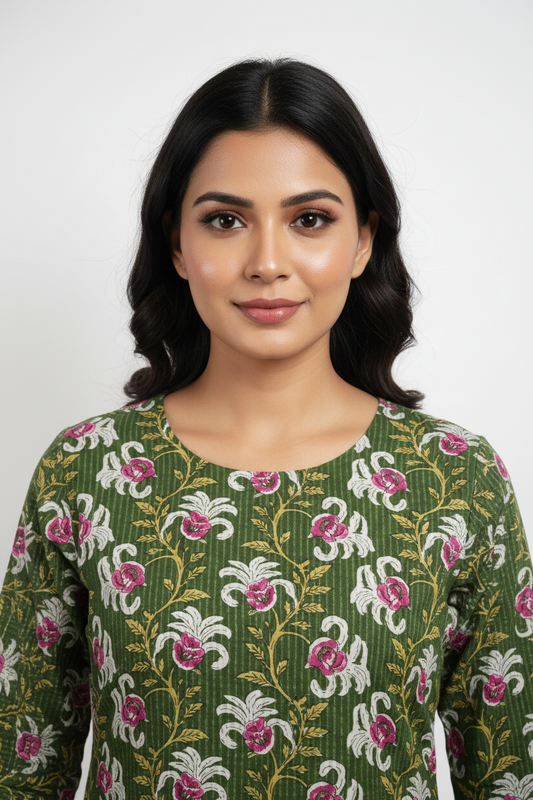 Olive Green Floral Printed Cotton Co-ord Set
