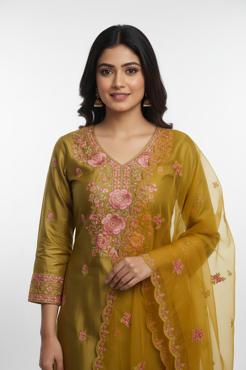 Mustard Yellow Organza Embroidered Suit