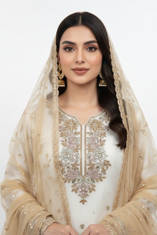Cream Embroidered Suit Set with Dupatta