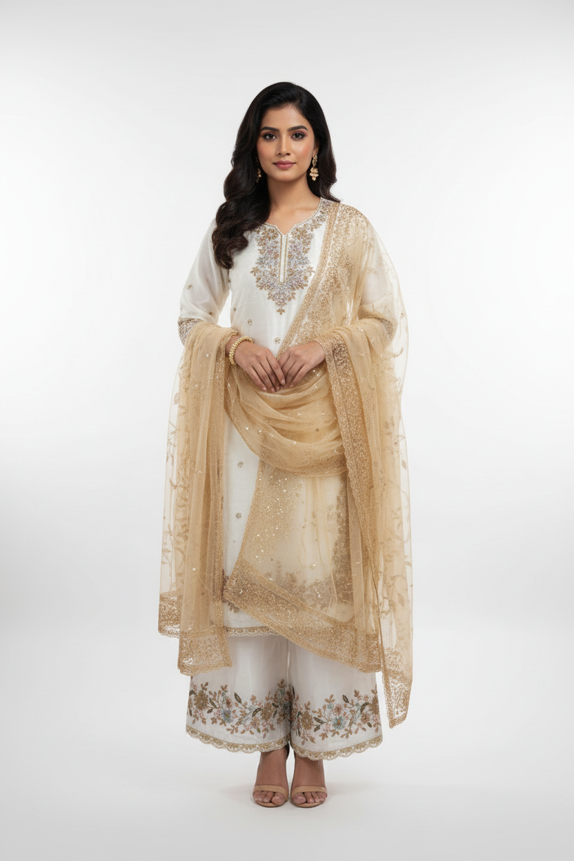 Cream Embroidered Suit Set with Dupatta