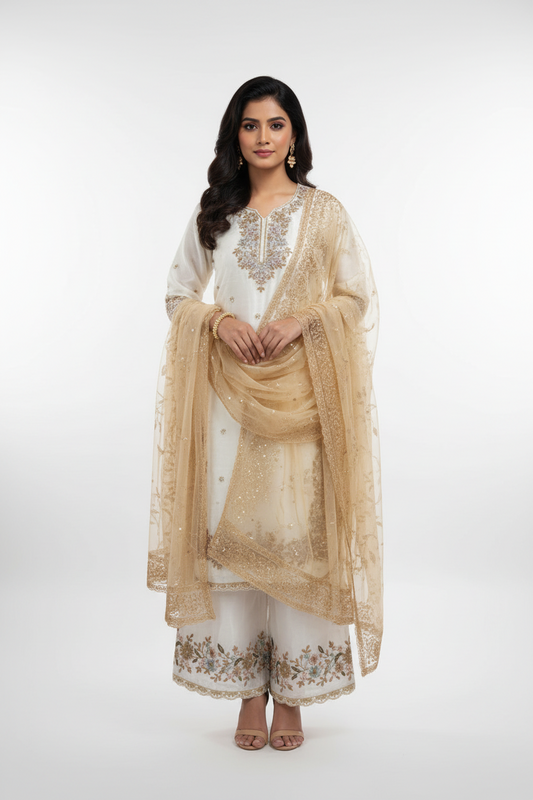Cream Embroidered Suit Set with Dupatta