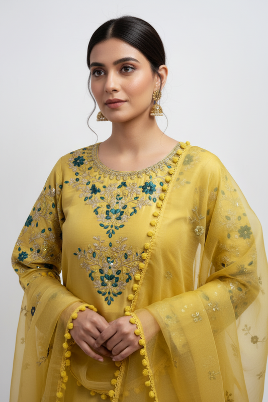 Yellow Embroidered Suit Set with Dupatta