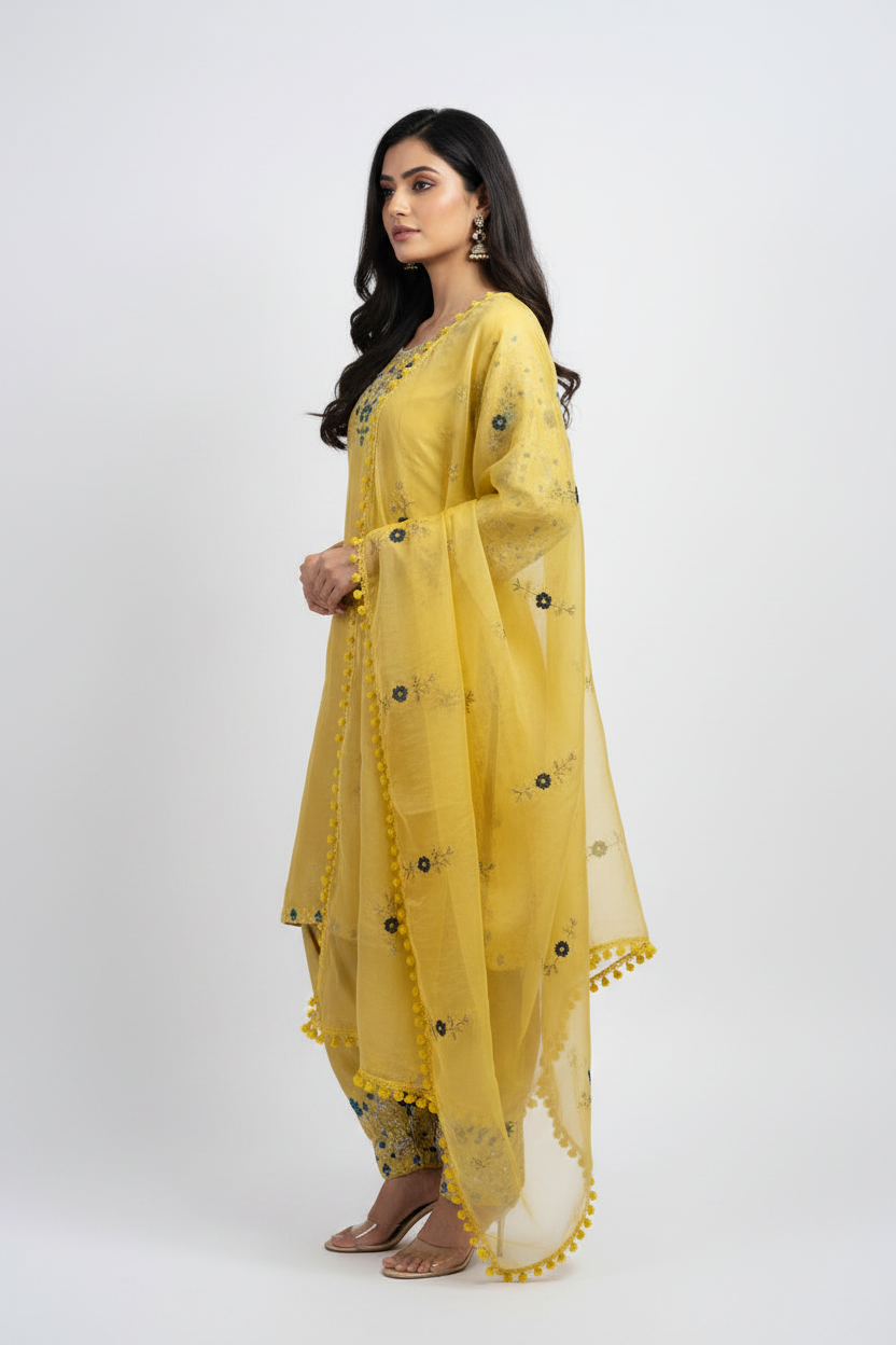 Yellow Embroidered Suit Set with Dupatta